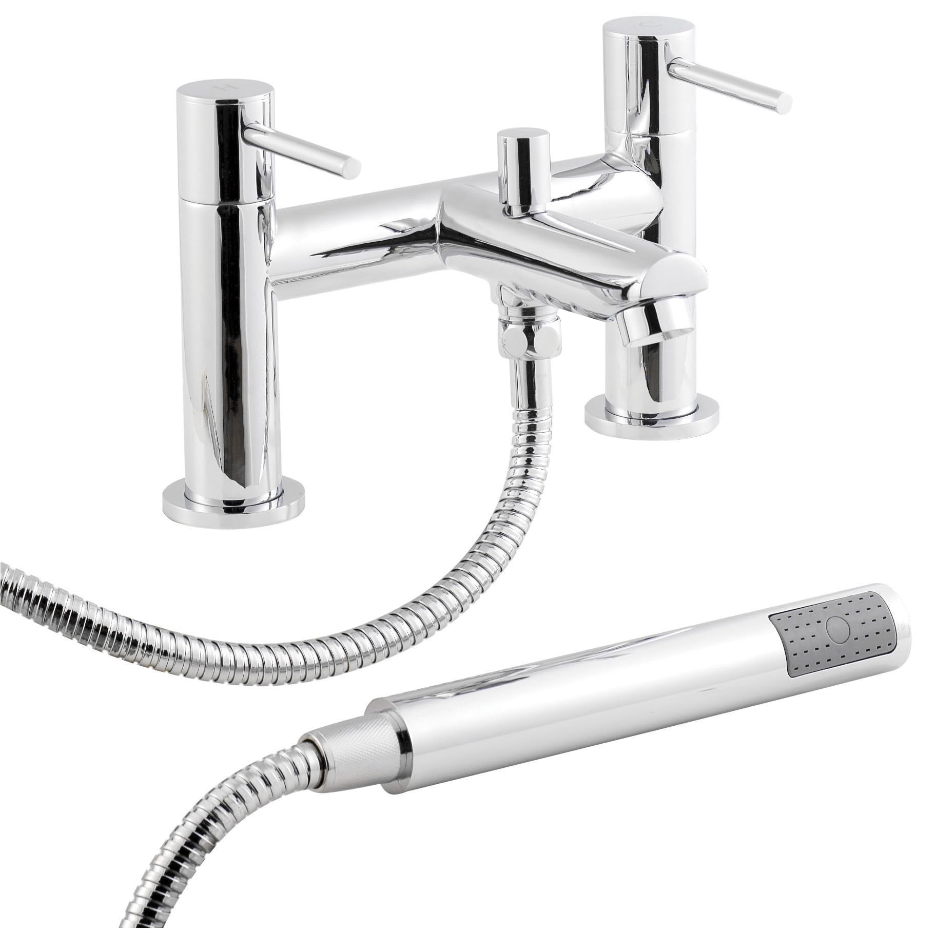 Nuie FJ314 Series Two ǀ Modern Bathroom Round Deck Mounted Bath Filler Tap with Shower Kit and Wall Bracket, 226 x 142 x 146mm, Chrome