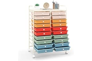 Happygrill 20-Drawer Organizer Cart Tools, Mobile Utility Storage Cart with Removable Drawers & Lockable Wheels, Rolling Storage Cart with wheels for Home Office School (Macaron)