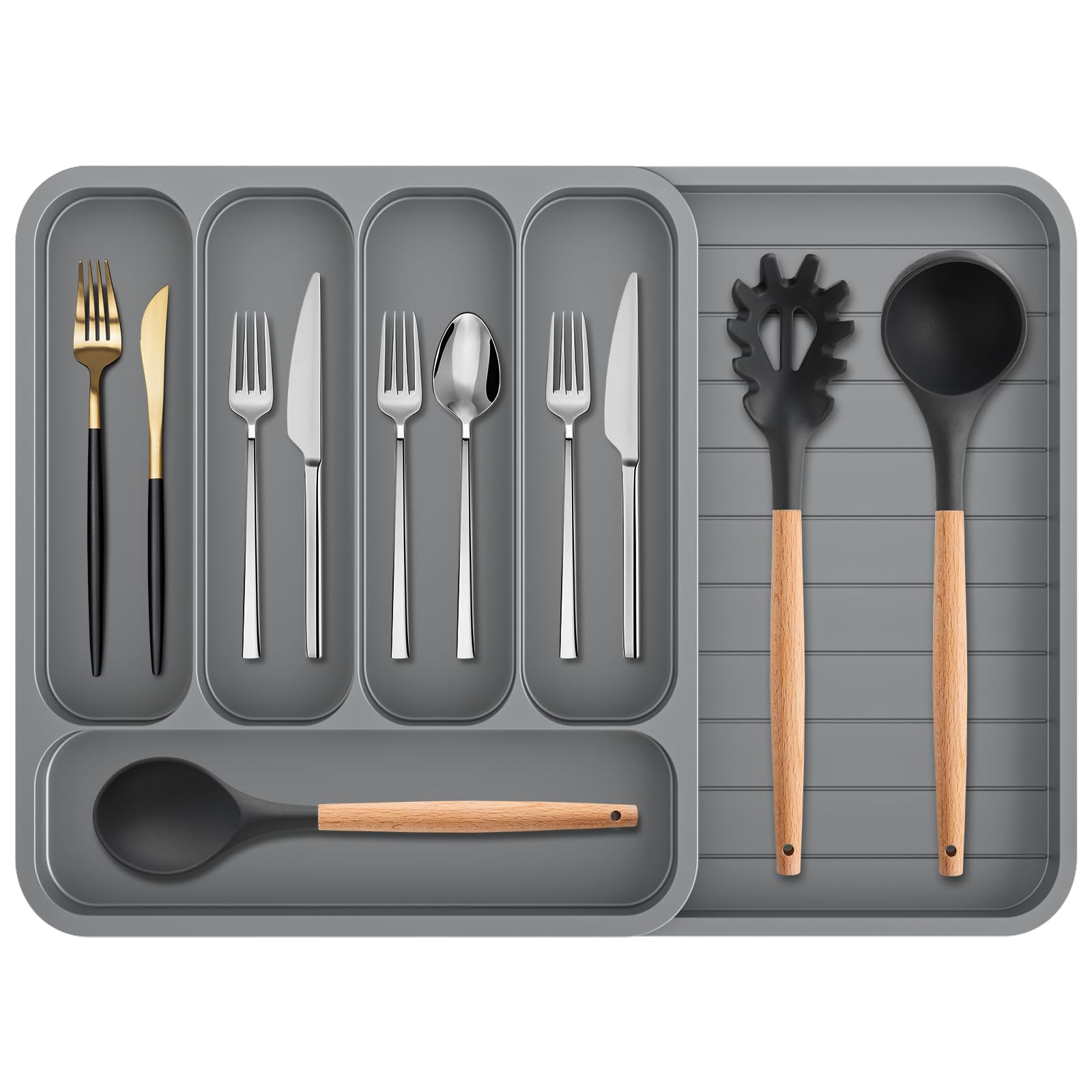 Betoores Large Expandable Cutlery Tray - 6 Compartment Plastic Drawer Organiser, 53x35cm, Grey