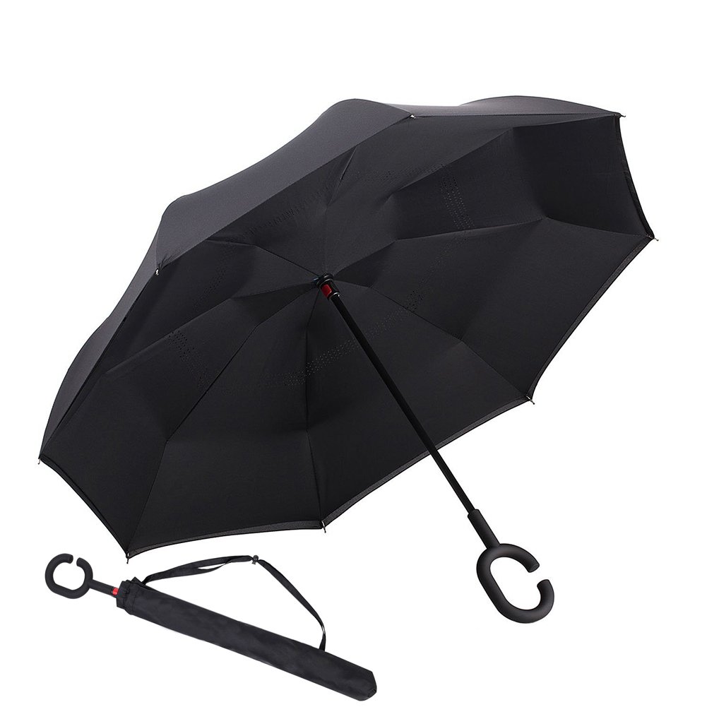 Tdogs Black Inverted Umbrella, Rain Wind Sun-proof Free-style C-Shaped Handle Folding Umbrellas with Rain Cover Car Reverse Umbrella Outdoor Use