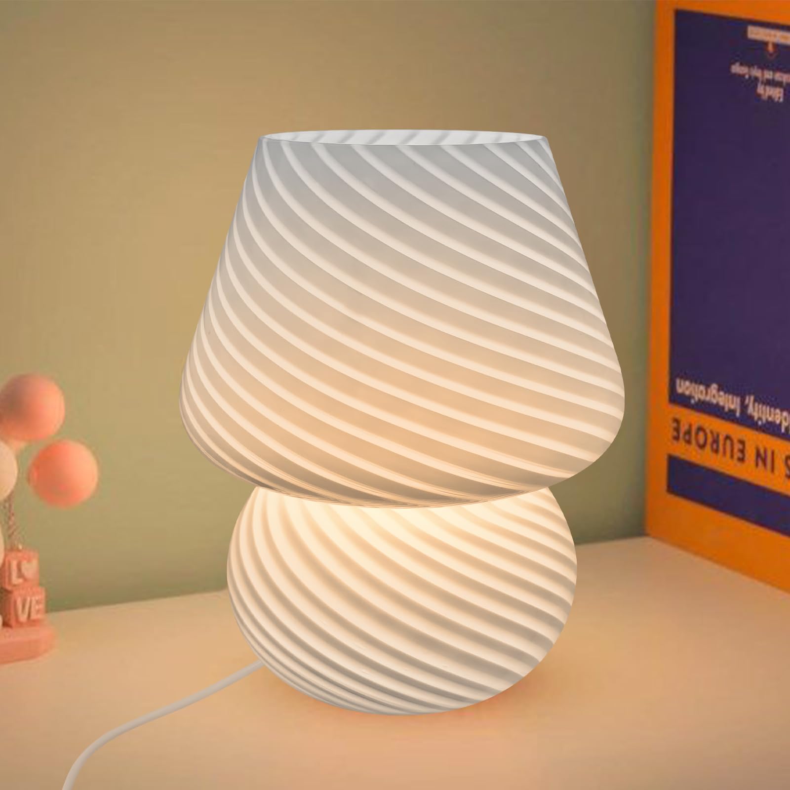 HONPHIER Mushroom Lamp, Glass Table Lamp, Bedside Lamp, LED Night Light, Decorative Lamp for Living Room, Bedroom (White)