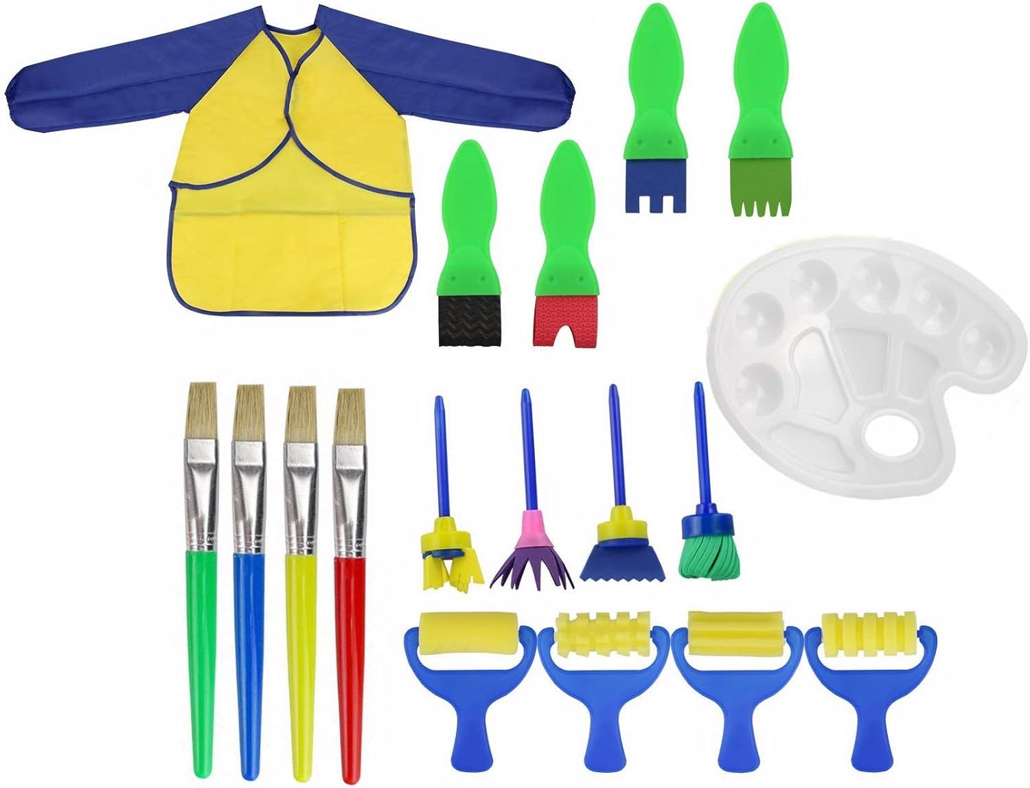 OFKPO 18 PCS Paint Brushes Kit, Includes Sponge Tools, Common Brushes, Palette, Apron, Early Learning DIY Arts and Crafts Set for Kids