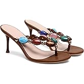 Oakmoo Women's Jeweled Thong Strappy Sandal Summer Mules Kitten Heels Flip Flop Round Open Toe Mid Heels Fashion Wedding Party Dress Thong Casual Shoes
