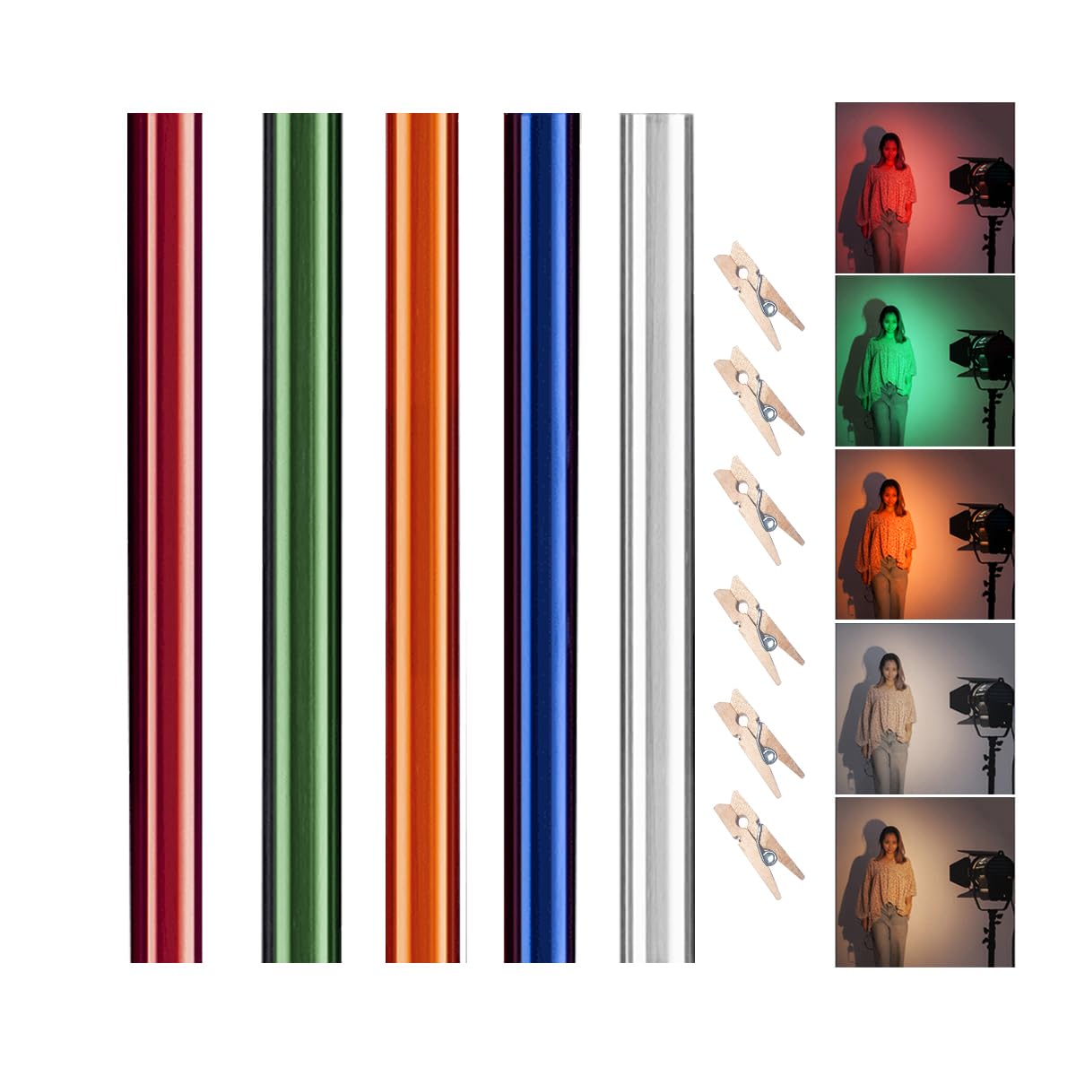 40x50cm/16x20in Lighting Gels with Clips, Photo Studio Light Gel Filters Sheet Transparent Color Correction Daylight Conversion for Red Head Light Strobe Spotlight Flash Photography CTO CTB, 5 Colors