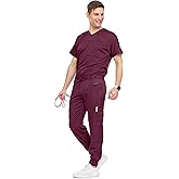 Medichic Men's Workwear Stretch V-Neck Scrub Joggers Set with Seven-Pocket Pants, Available in 6+ Colors