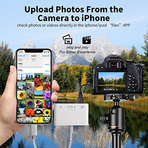 Aimuli USB OTG Camera Adapter, 3 in 1 USB Female OTG Adapter Compatible with iPhone/iPad, Portable USB Adapter Compatible with iPhone with Charging Port and USB C Port, Support Card Reader