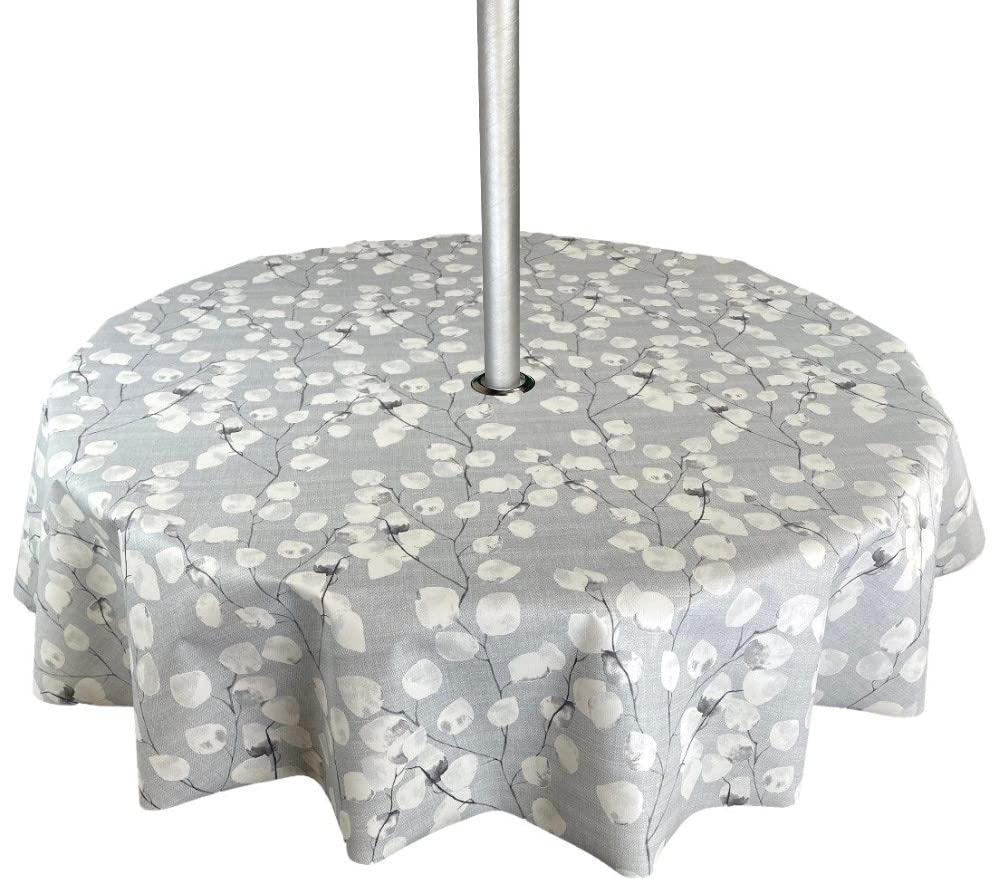Karina Home Round Outdoor Garden Tablecloth with Parasol Umbrella Hole Grey Floral Leaf Wipe Clean Round 138cm