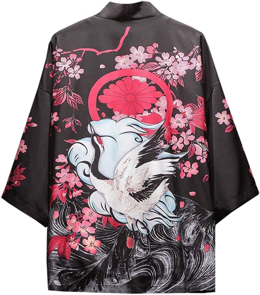 Men's Kimono Cardigan Japanese Printed 3/4 Sleeve Open Front Shirt Jacket