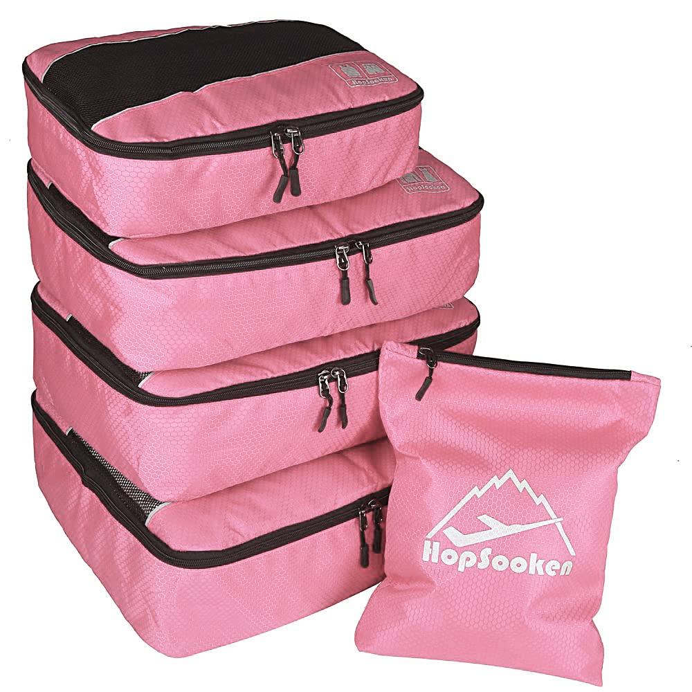 Photo 1 of Hopsooken 5 Set Packing Cubes for Travel Large Suitcase Luggage Organizer Bags Travel Accessories Vacation 4 Cubes 1 Laundry Pouch Bag(Pinkl)