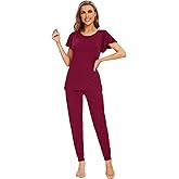 WiWi Womens Short Sleeve Pajama Sets Viscose from Bamboo Pajamas Soft Sleepwear Long Jogger Pants Loungewear S-XXL