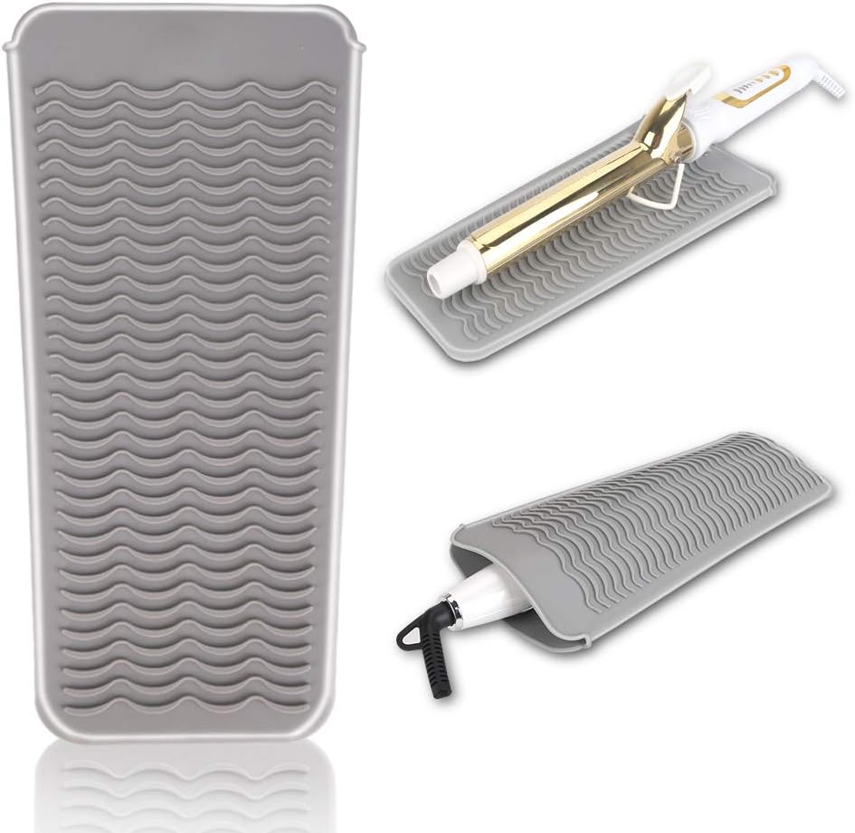 HESLAND Flat Iron Holder Heat Resistant Silicone Mat Pouch for Hair Straightener, Curling Iron, Hair Curling Wand, Crimping Iron, Hot Hair Styling Tools (Grey)