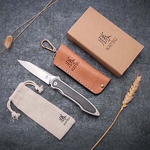 KATSU Camping Pocket Folding Japanese Knife, Titanium & Carbon Fiber