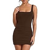 Mokoru Women's Sexy Ruched Bodycon Tank Dress Square Neck Sleeveless Short Mini Club Party Dresses