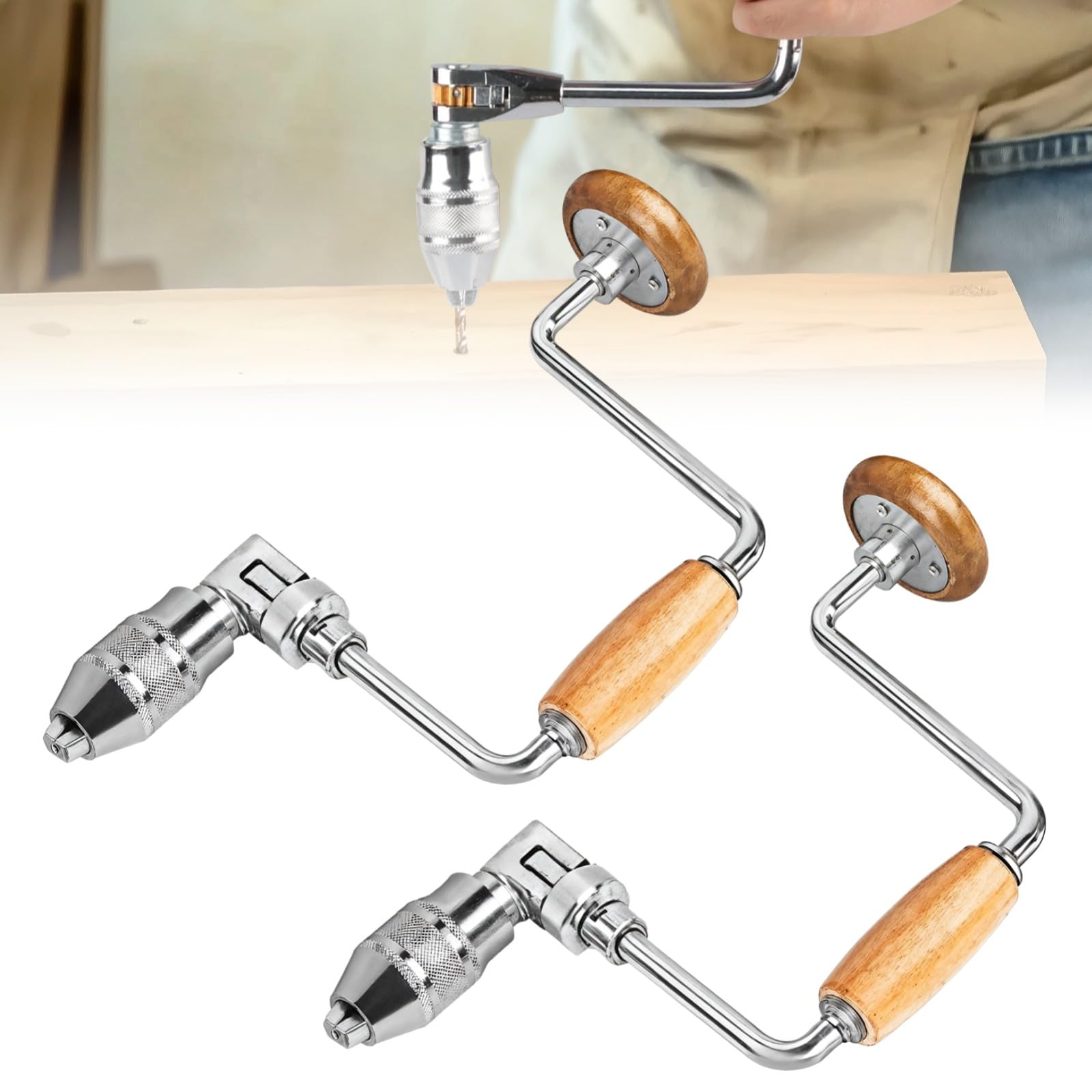 Photo 1 of 2 Pcs Carpenters Bit Braces, Hand Crank Drills with 4-Jaw Chucks & Handles, 12.6in Swing Bit Braces, Non-Slip Manual Hand Drills for Woodworking