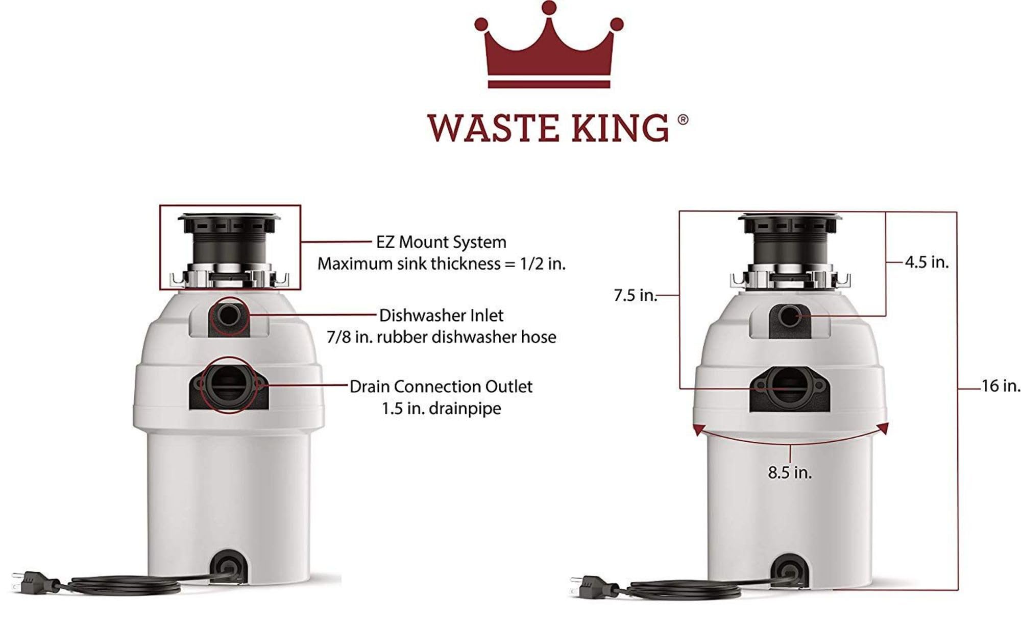 Waste King Garbage Disposal for Kitchen Sink with Power Cord, Food Waste Disposer, L-8000