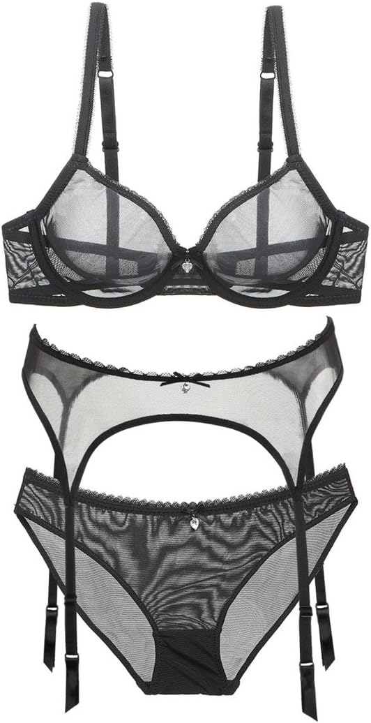 Varsbaby Women's See-Through Lace Push Up Transparent Everyday Bra Lingerie Sets (36C, Bra Set And Garter)