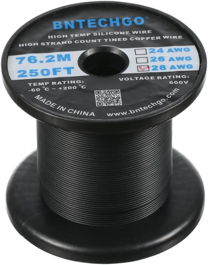 BNTECHGO 28 Gauge Silicone Wire Spool Black 250 ft Ultra Flexible High Temp 200 deg C 600V 28 AWG Silicone Rubber Wire 16 Strands of Tinned Copper Wire Stranded Wire for Model Low Impedance - Image 3