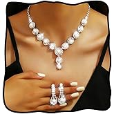 Nicute Pearl Jewelry Set Sparkly Rhinestone Necklace Earrings Sets Prom Costume Bridal Jewelry Set for Women
