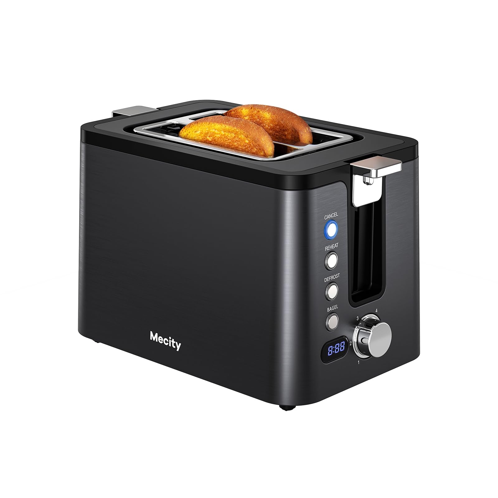 Photo 1 of Mecity Toaster 2 Slice Stainless Steel Body, Timer, Bagel, Defrost, Reheat, Cancel Functions, Warming Rack, Removable Tray, 6 Browning Settings, Extra Wide Slots, Bread Toaster, 120V 800W Black