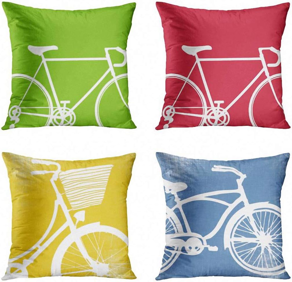 ArtSocket Set of 4 Throw Pillow Covers Cycle Green Bike Bicycle Abstract Pattern Custom Red White Ride Retro Yellow Decorative Pillow Cases Home Decor Square 18x18 Inches Pillowcases