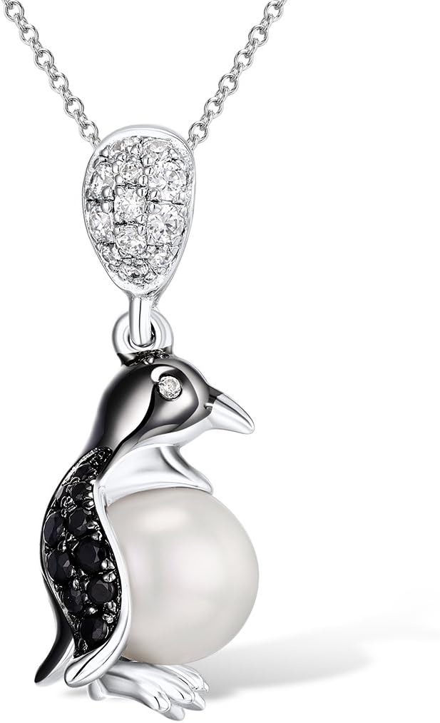 Penguin Pendants 925 Sterling Silver Fresh Water Pearl Black Spinel White Cubic Zirconia Stone