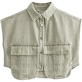 Perbai Womens Cropped Button Down Shirt Summer Collared Sleeveless Loose Denim Top with Pockets