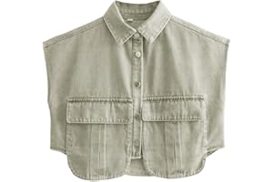 Perbai Womens Cropped Button Down Shirt Summer Collared Sleeveless Loose Denim Top with Pockets