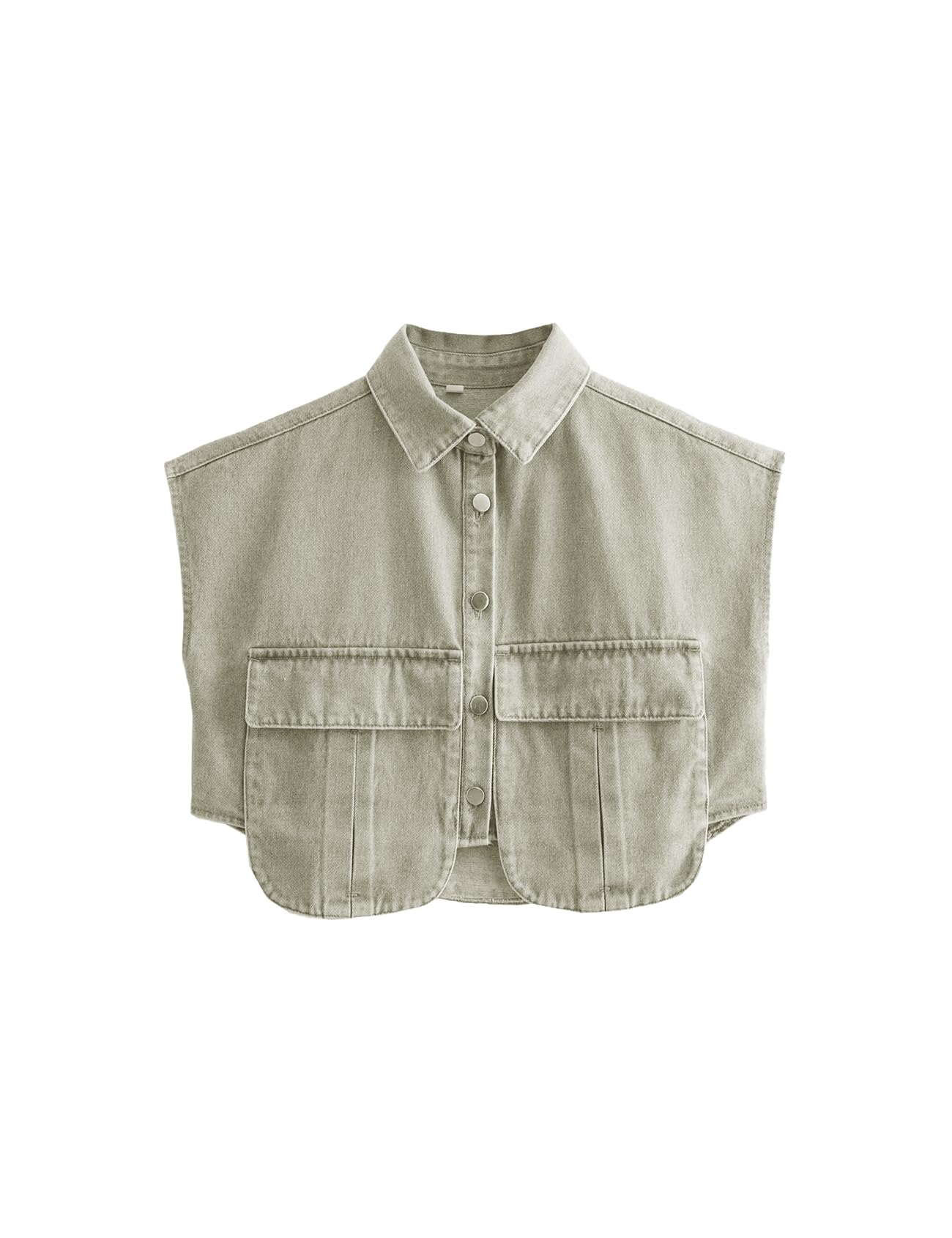 Photo 1 of Perbai Womens Cropped Button Down Jean Shirt Summer Collared Sleeveless Loose Denim Jean Top with Pockets(Green-M)