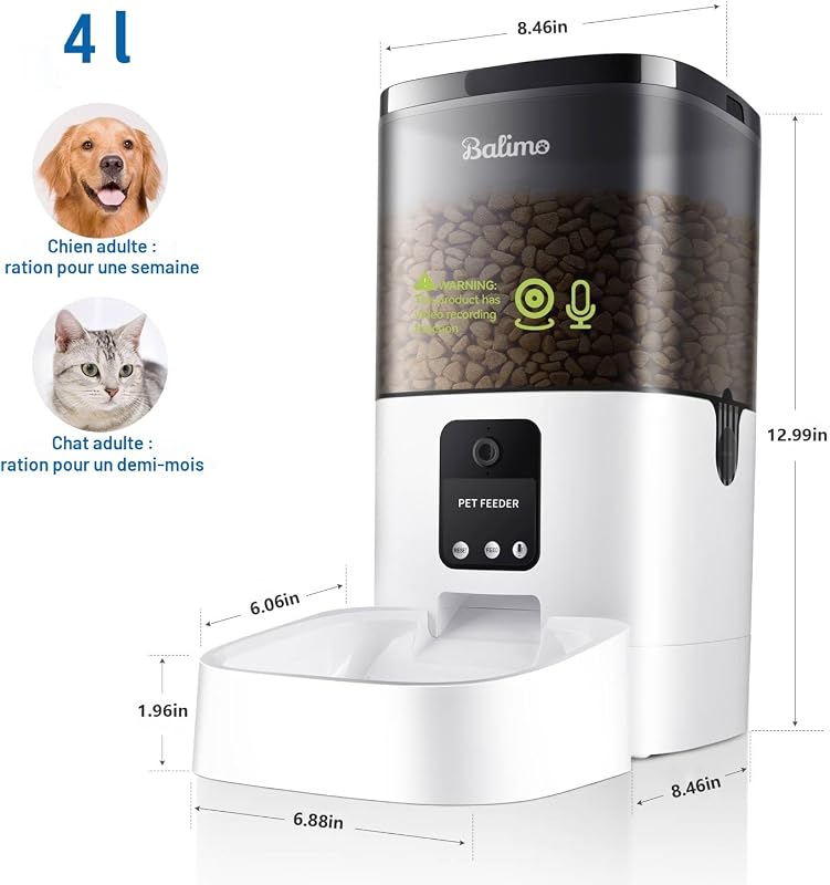 Distributeur Croquettes Chat Automatique avec 1080P Caméra 2.4G WiFi Distributeur Croquettes Chat et Chien avec APP Vidéo Audio Vision 4L Enregistrement Vocal 10s Gamelle Automatique