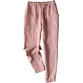 Gihuo Women's Tapered Linen Pants Casual Straight Leg Drawstring Elastic Waist Loose Comfy Joggers Trousers with Pockets
