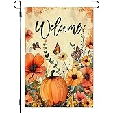 Welcome Fall Pumpkin Flowers Garden Flags 12x18 Double Sided, Small Burlap Autumn Thanksgiving Holiday Butterfly Yard Flag Outdoor Fall Decorations for Home Porch Outside