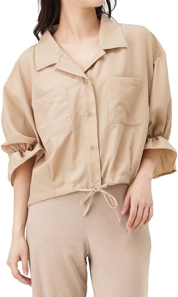 Amazon 七分袖シャツ レディース シャツ ブラウス カットソー サテンオープンカラーシャツ 前開き 無地 春 夏 Howdy Marie ハウディーマリー Gl ベージュ F シャツ ブラウス 通販