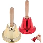 2 Pcs Hand Bell Christmas Loud Call Bells Metal Signal Ringing Bell Santa Bells with Wooden Handle for Xmas Service Dinner Pets Wedding Party (Brass Gold & Red)