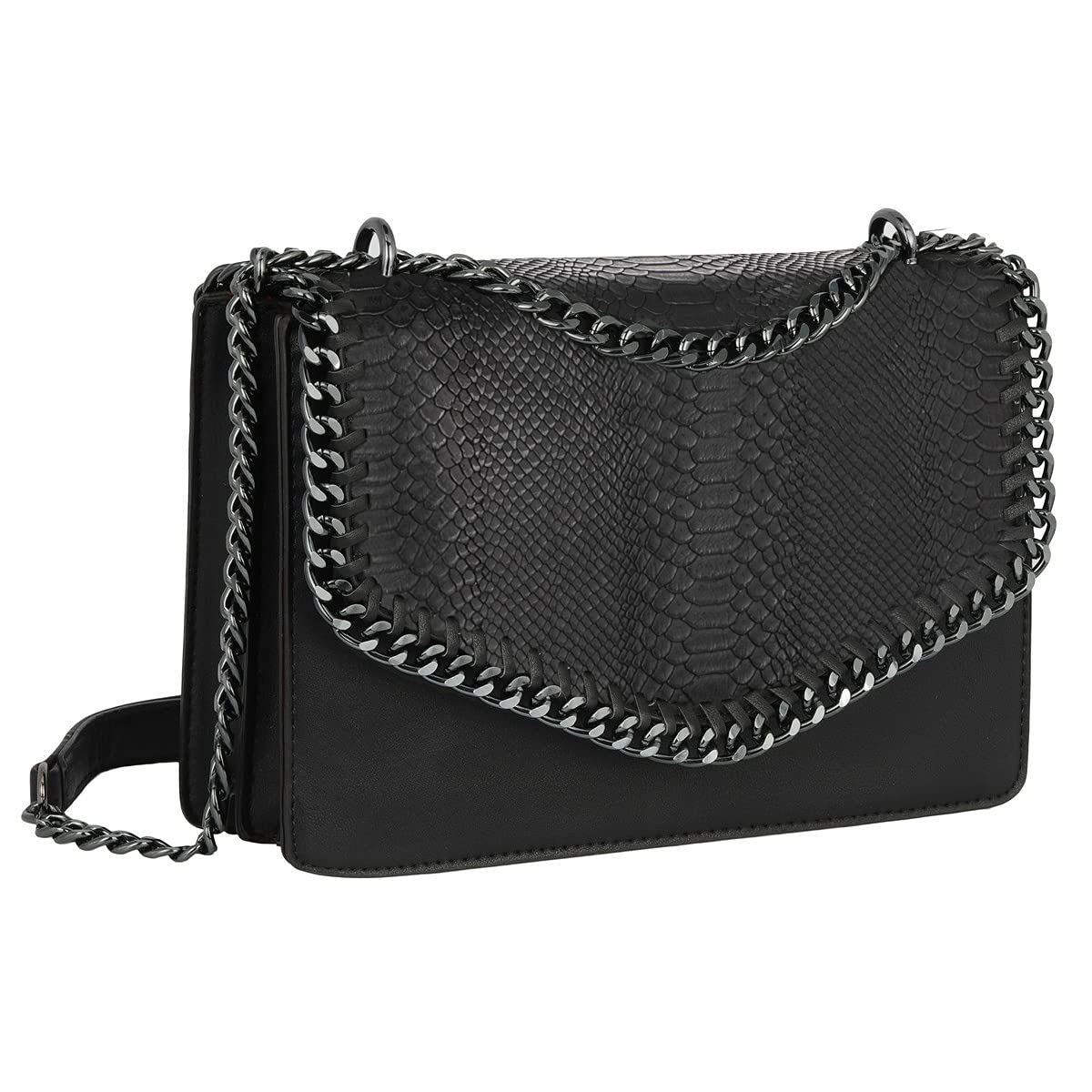 CRAZYCHIC - Women's Chain Crossbody Bag - PU Snake Skin Leather Quilted Shoulder Bag - Elegant Evening Clutch Messenger Bag - Party Event Envelope Purse Handbag - Black