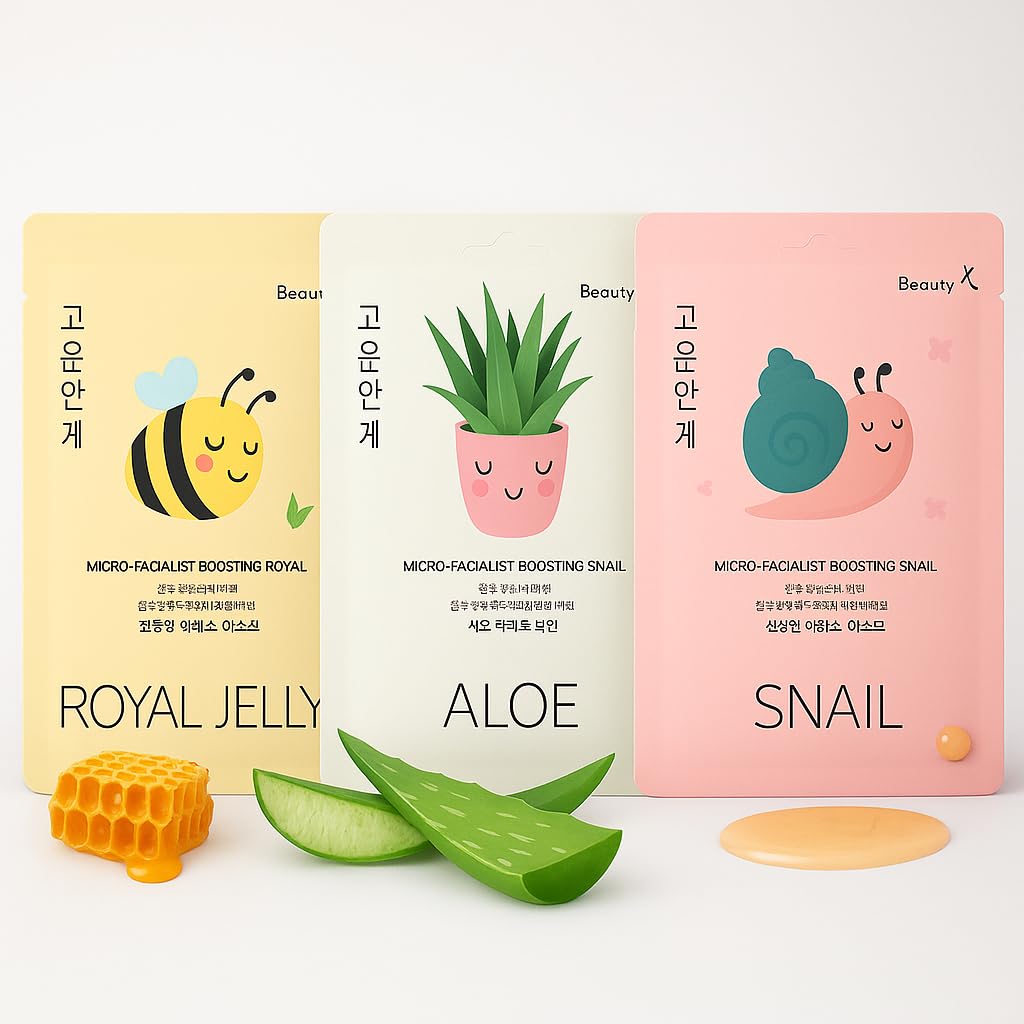 Beautykei Korean Skincare Face Mask Set-Hydrating Aloe Vera Snail Jelly and Royal Jelly Sheet Masks for Deep Moisturising Anti-Aging Soothing and Acne Care with Natural Ingredients
