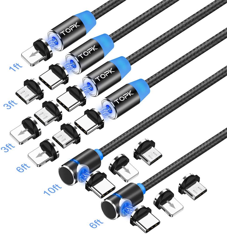 TOPK Magnetic Charging Cable,(6-Pack,1ft/3ft/3ft/6ft/6ft/10ft) Magnetic Phone Charger,3-in-1 USB Magnetic Cable Compatible with Micro USB,Type C and iProducts(Black)