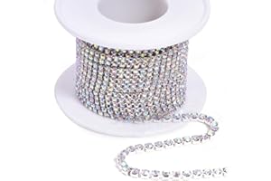 Blinginbox 10 Yards Crystal Rhinestone Trim Ribbon Close Chain for Sewing Bedazzling SS6 Jewels for Crafting Wedding Party DIY Decoration Cups Shoe Vases 0.07inches 2mm Sliver Base with AB Diamonds