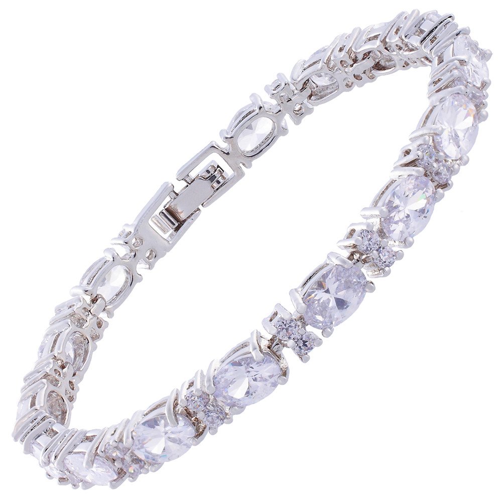 RIZILIA Eternity Tennis Bracelet [18cm/7inch] with Oval Cut Gemstones CZ [White Topaz] in 18K White Gold Plated, Simple Modern Elegance