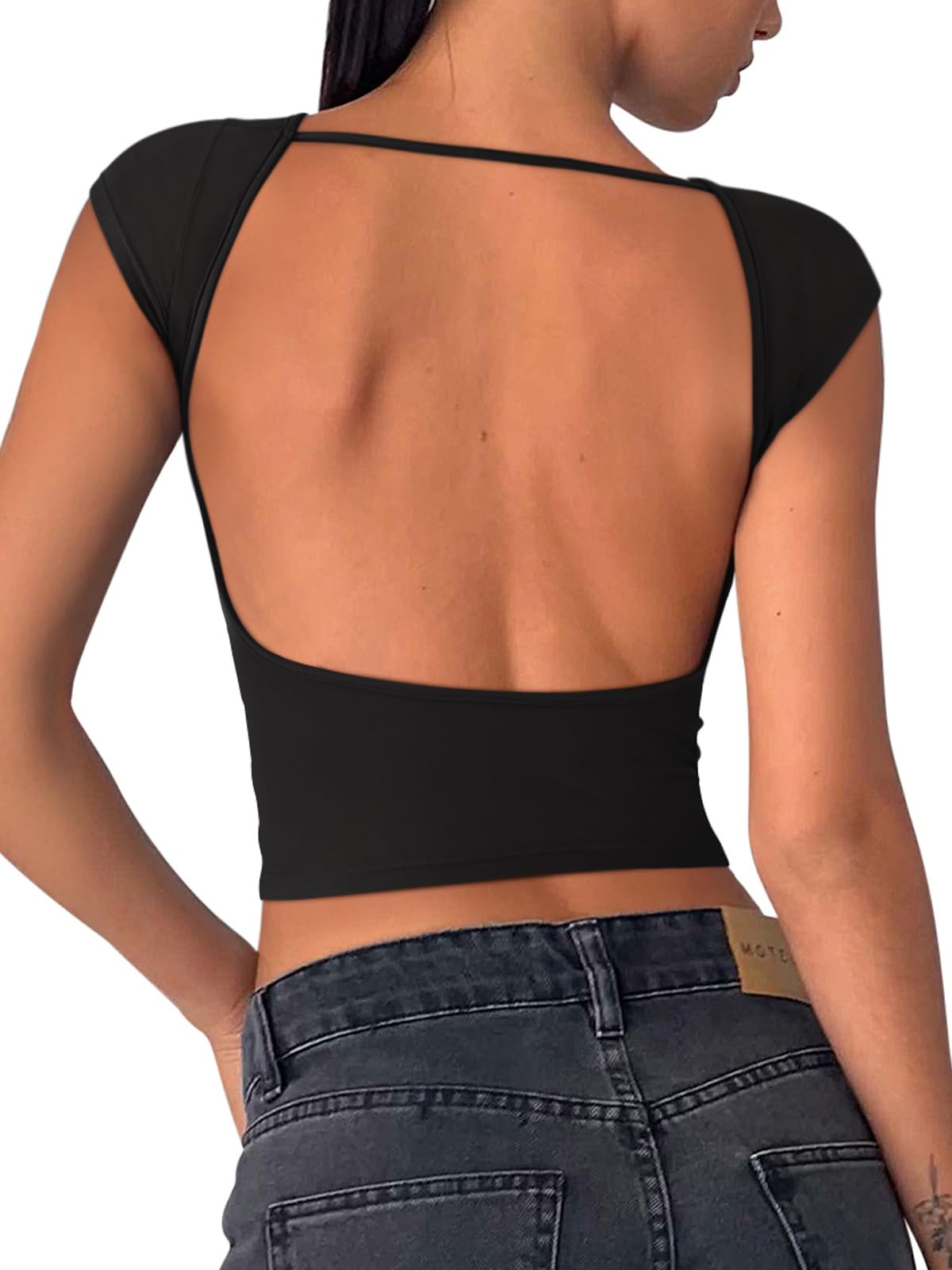 Photo 1 of REORIA Women's Sexy Open Back Double Lined Shirt Cute Going Out Y2k Trendy Yoga Slim Basic Tops for Teen Girls Black X-Small