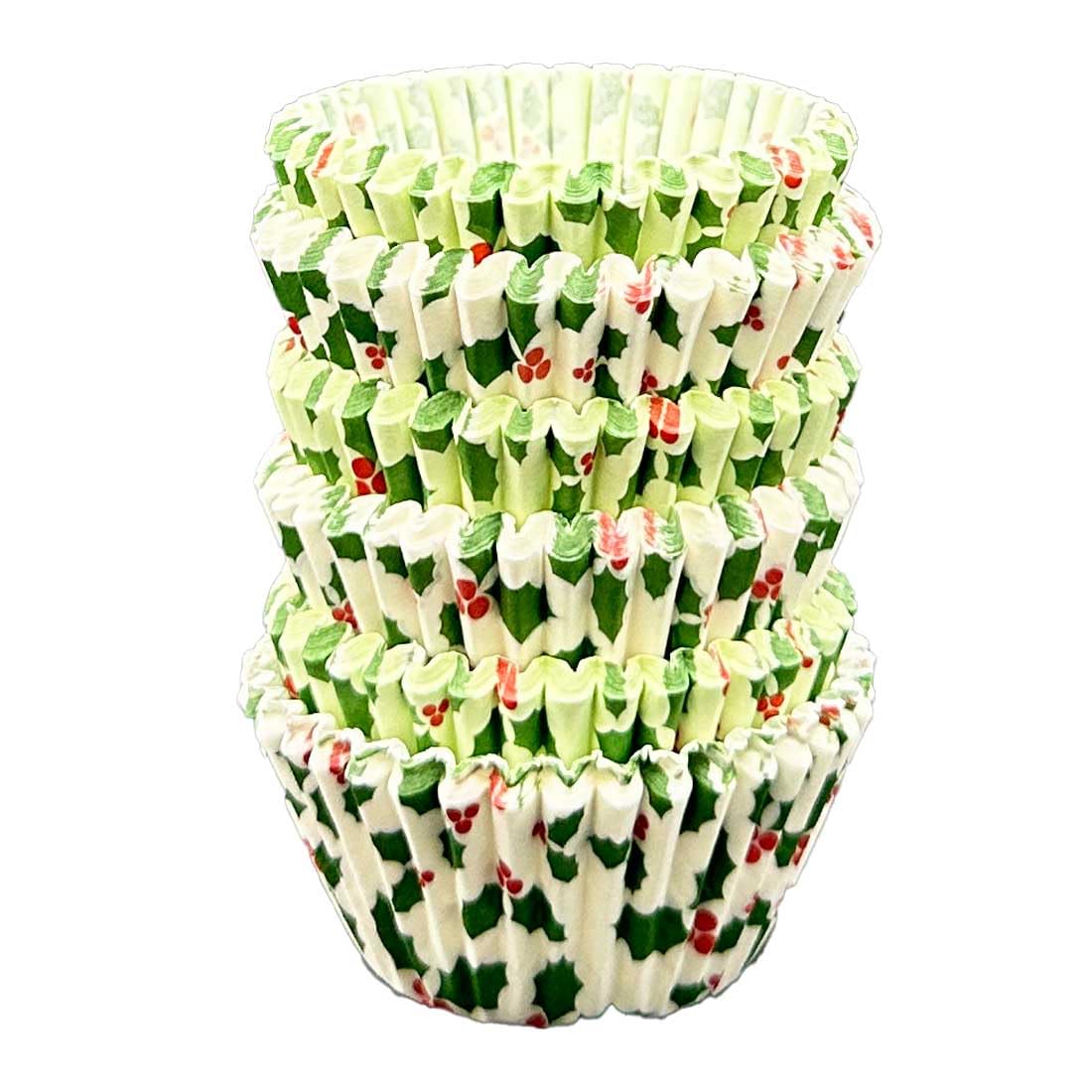 Scrumptious! - 150PC Mini Muffin Cases - Christmas Holly Mix - 45GSM 31mm x 23mm White, Green and Holly Paper Baking Cases - for Xmas and Festive Themed Party Cakes, Bakes