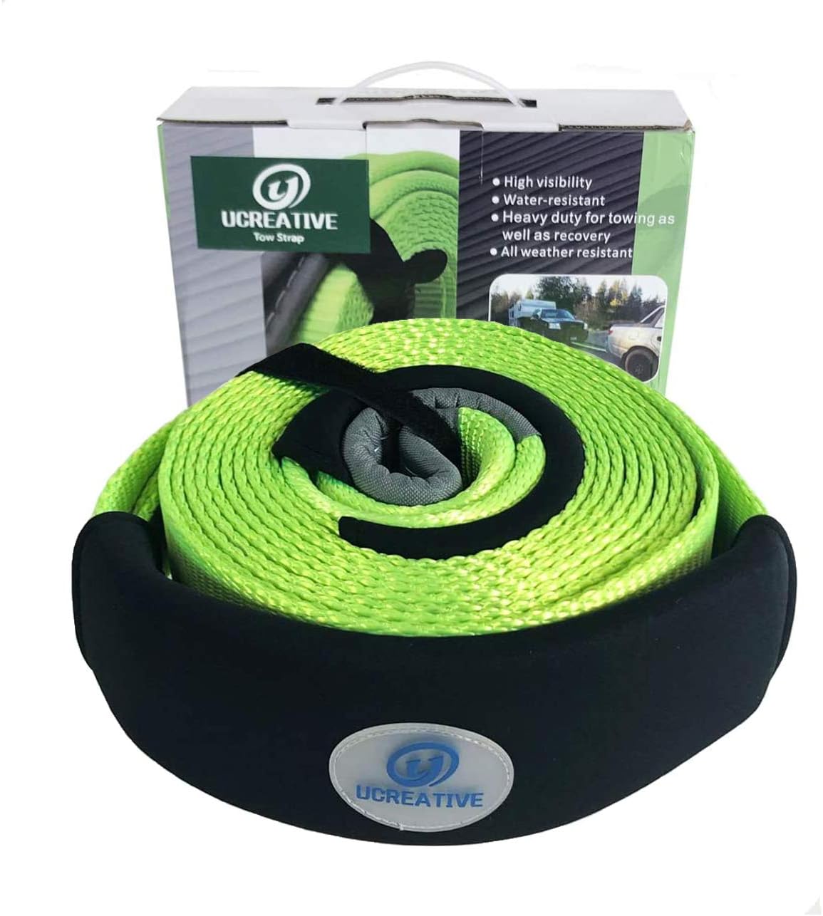 Ucreative Heavy Duty 3" x 20' Recovery Tow Strap 35,273LB with Protective Loops - Recover Vehicle Stuck in Mud Snow