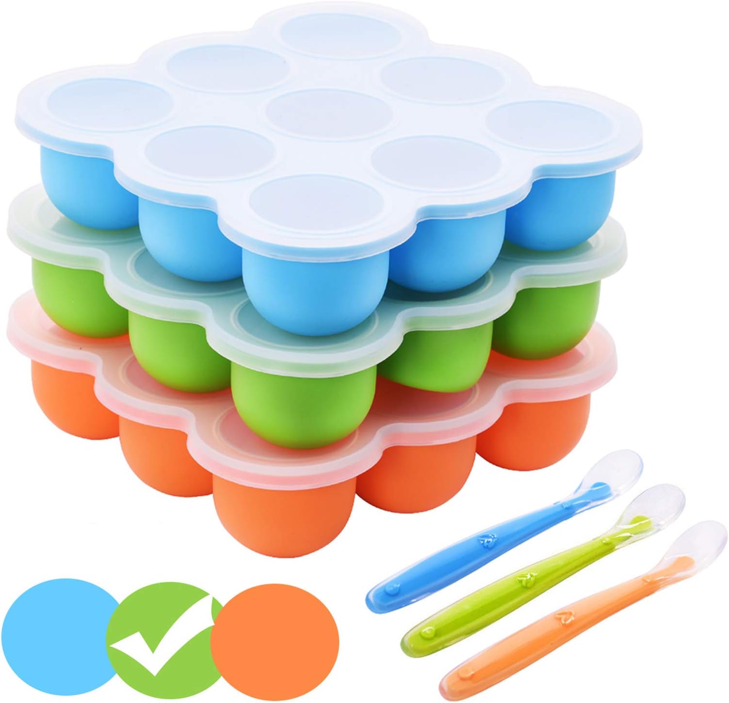 Silicone Baby Food Storage Containers with Clip-On Lids, (9 x 2.5 oz) Reusable Baby Food Freezer Trays with Silicone Spoon, BPA Free and Dishwasher Safe, Easy Pop Out, Perfect for Baby Weaning, Green