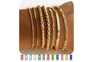 M MOOHAM Gold Birthstone Bracelets Stack for Women - 14K Real Gold Plated Beaded Bracelets Rope Paperclip Chain Stackable Bracelet Non Tarnish, Friendship Birthday Jewelry Gifts for Women Teen