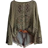 ACWUMU Women's Boho Floral Print Knit Sweaters Vintage Long Sleeve Casual Loose Crewneck Pullover Sweater Tops
