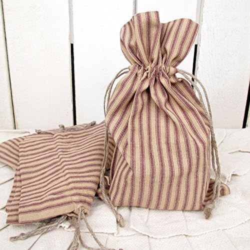 Set of 5 Ticking Stripe Fabric Christmas Gift Bag 8 x 12 by Jubilee Creative Studio (Red Ticking)