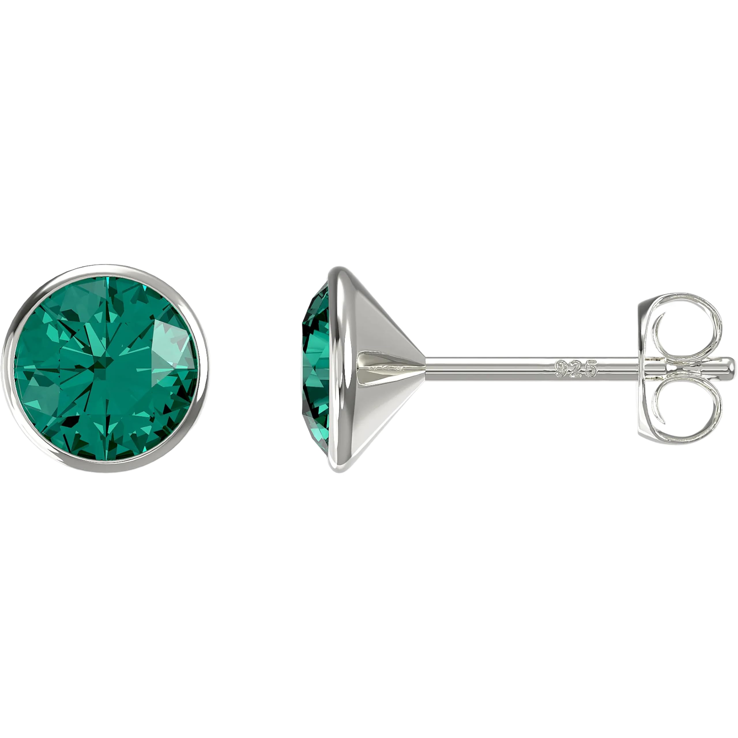 Aeon Birthstone Stud Earrings - May Green Emerald | 925 Sterling Silver & Swarovski Crystal | Polishing Cloth Included | Bezel Set Stone