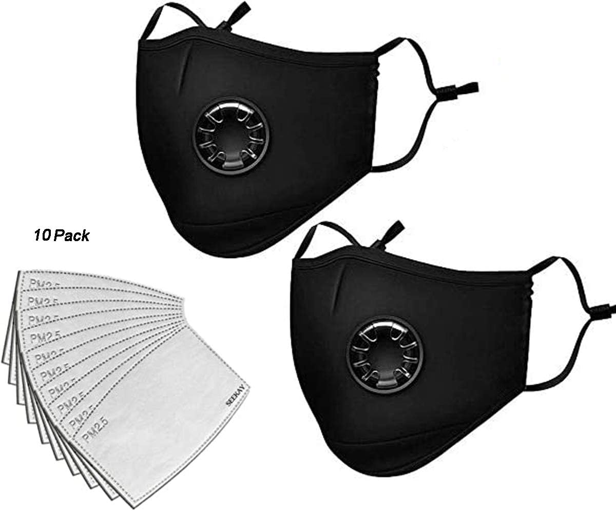 Spedol 2Pcs Black Face Mask With 10Pcs PM2.5 Activated Carbon Filter 5 Layer Replacement Protective Filter