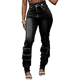 Vakkest Sexy High Waisted Skinny Jeans for Women Bodycon Crossover Stretchy Denim Cargo Pants Streetwear with Pockets