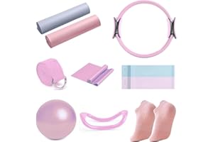 Lulong Pilates Ring Circle Set 10 pcs Pilates Equipment Accessories for Home Workouts 9.8” Pilates Ball 12” Magic Circle Yoga Ring and Resistance Bands for Women Pilates Ring and Ball Set Gift (Pink)