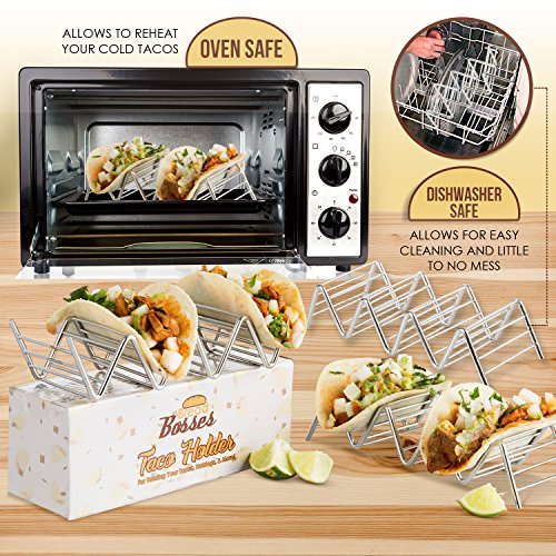 Stainless Steel Taco Holder Set: Holds Tortilla Up for Easy & No Mess Party Taco Plates - Taco Stand Shell Holder to Serve Street Tacos Rack & Heat Tortillas - Metal Taco Shell Mold & Serving Trays